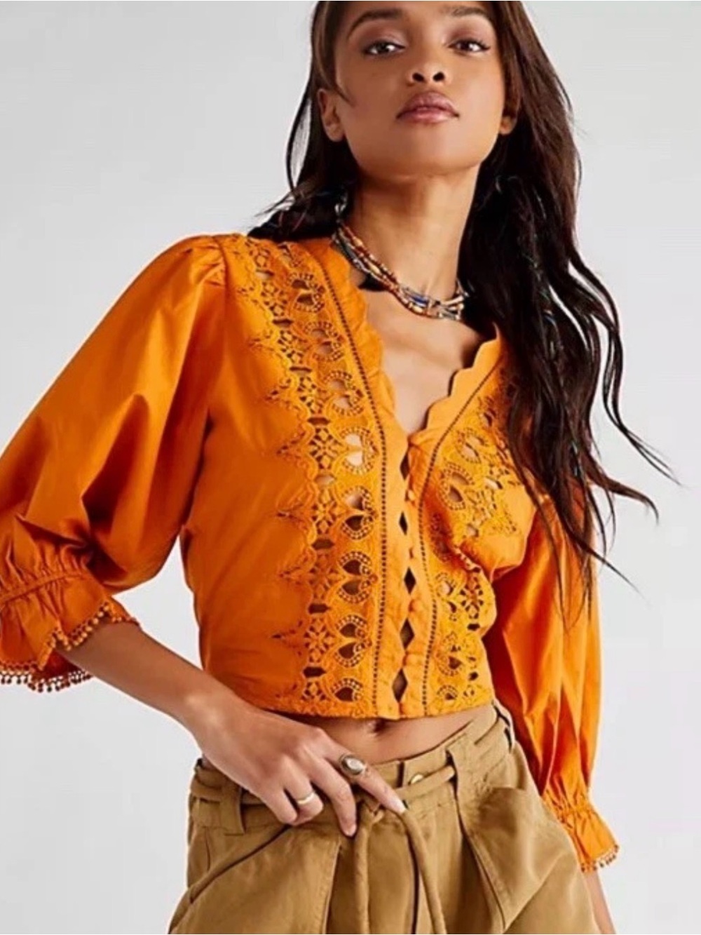 Free People Louella Embroidered Eyelet Blouse Top Boho Women’s XS Fall Orange